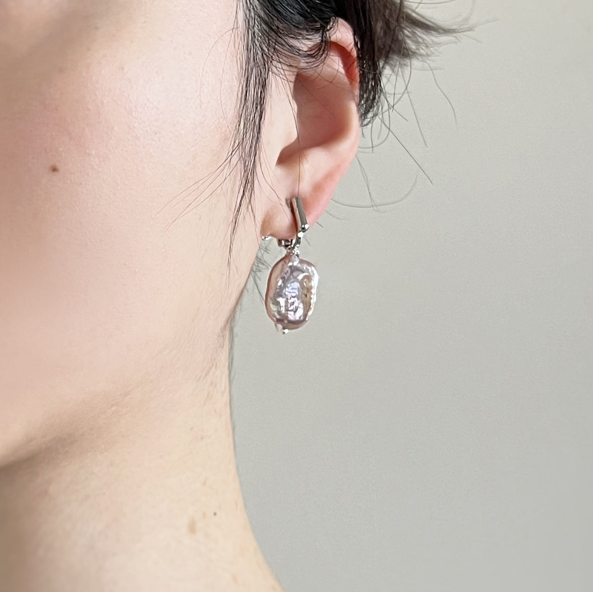 Emma Clip-on Earrings - Silver - (V2) Lavender Baroque Freshwater Cultured Pearl Earrings