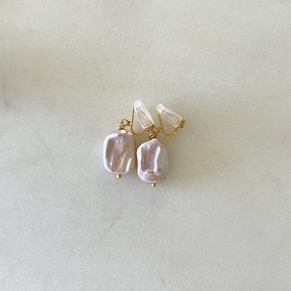 Emma Clip-on Earrings - Gold - Lavender Baroque Freshwater Cultured Pearl Earrings