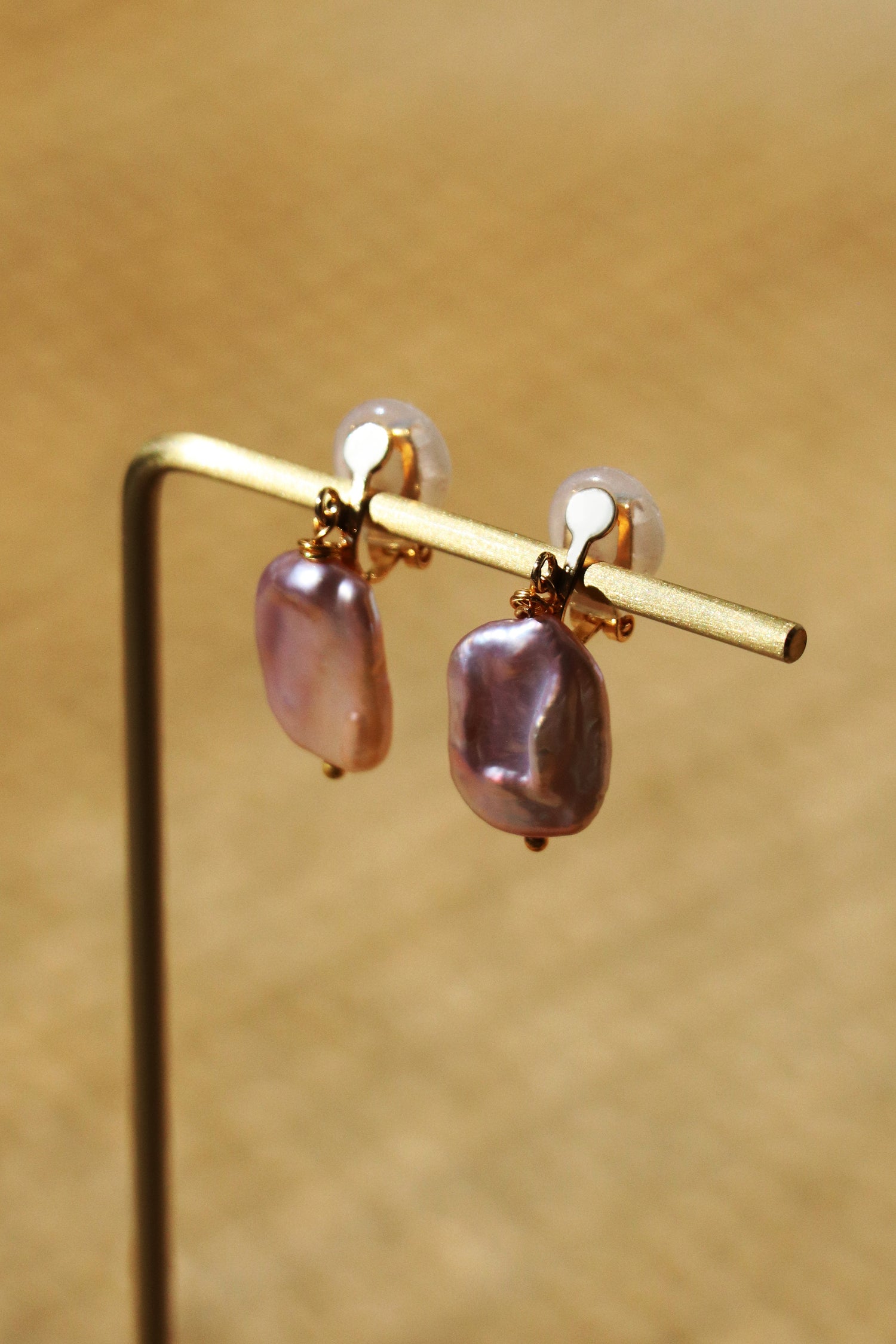 Emma Clip-on Earrings - Gold - Lavender Baroque Freshwater Cultured Pearl Earrings