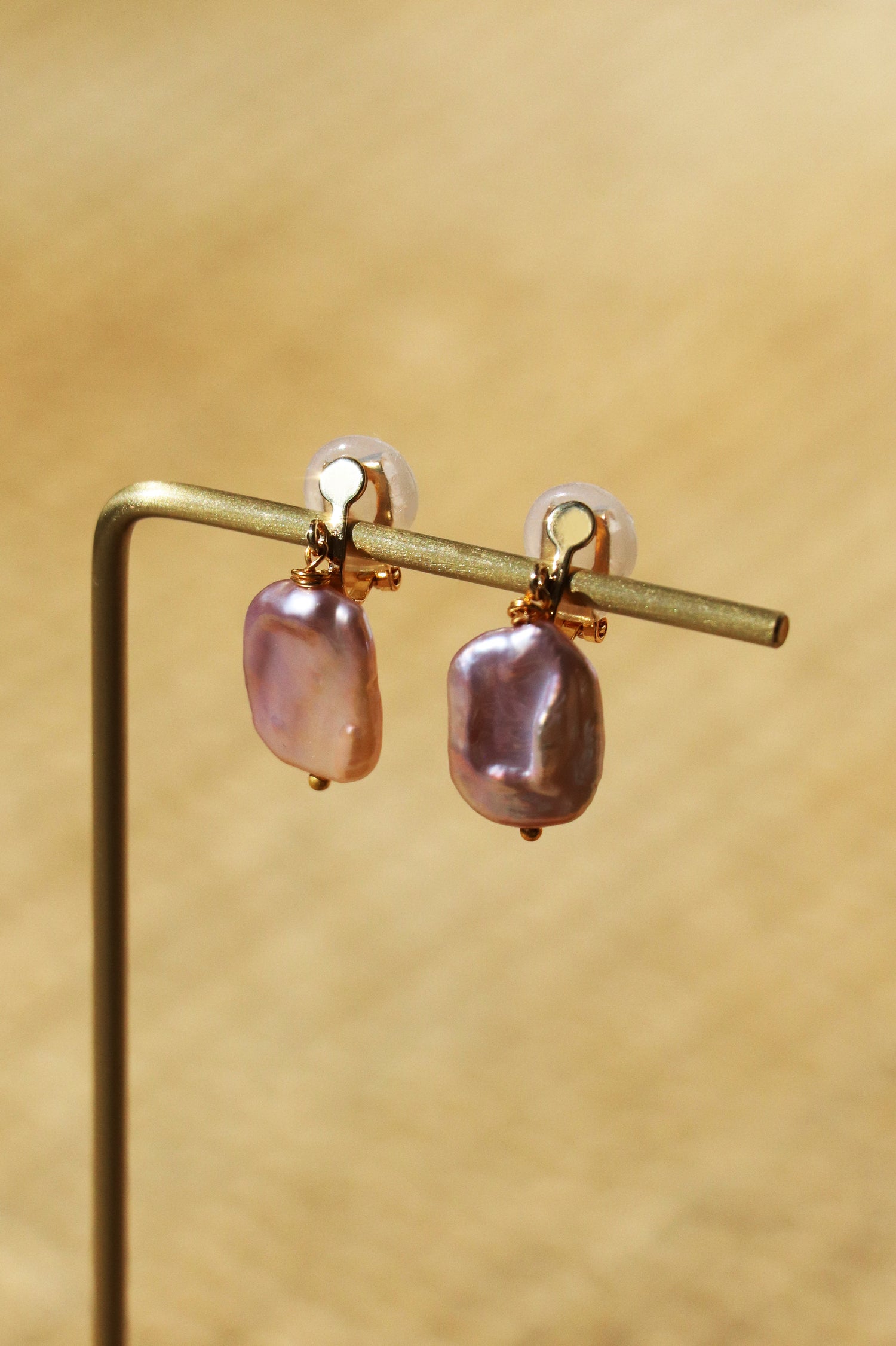 Emma Clip-on Earrings - Gold - Lavender Baroque Freshwater Cultured Pearl Earrings